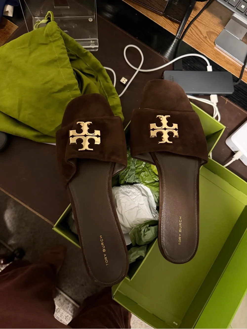 Tory Burch Dark Cocoa Slide with Gold Logo Hardware
